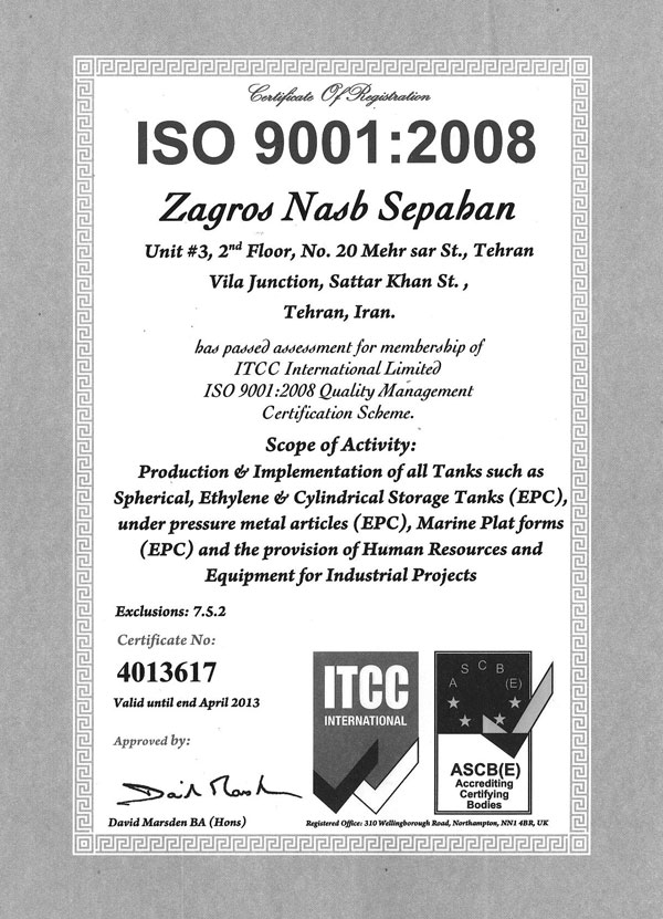 Iso 9001-2008 Zagros Nasb Sepahan